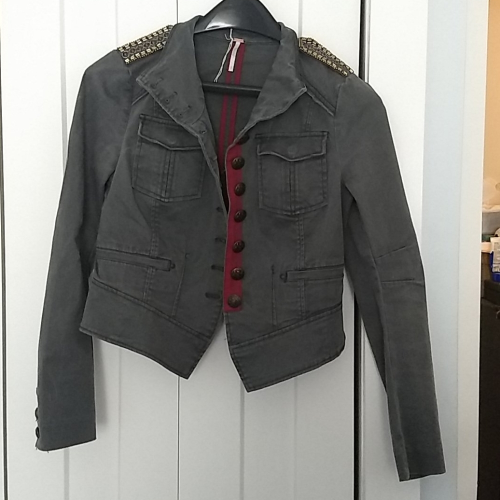 Free People Grey Denim Military Jacket